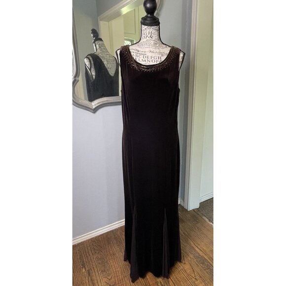 Dressbarn Collection Velvet Dress 14 Brown Beaded Long Maxi Formal Party Luxury - Picture 1 of 16